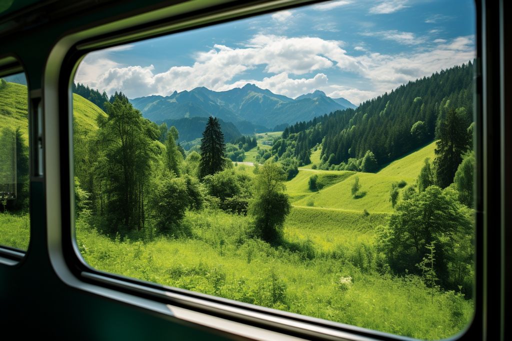 A scenic view from a train window, lush green landscapes, mountains in the distance. --ar 3:2