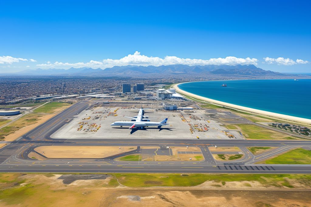 Aerial view of George Airport (GRJ) and Cape Town International Airport (CPT), with airplanes taking off and landing. Blue sky, clear weather, modern airport infrastructure. --ar 3:2