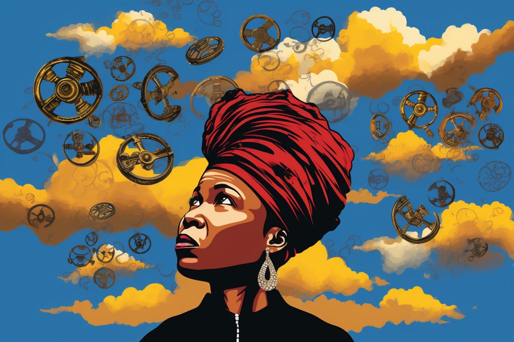A political cartoon depicting Minister Lindiwe Zulu surrounded by question marks and a dark cloud, symbolizing the controversy and impact of the nepotism accusations. Cartoon style, bold lines, vibrant colors. --ar 3:2