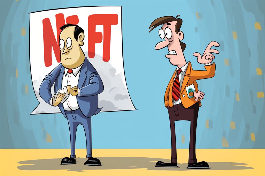 A political cartoon depicting a person holding a sign that says "No Nepotism" with a politician standing nearby, looking guilty. Colorful, satirical, exaggerated features. --ar 3:2
