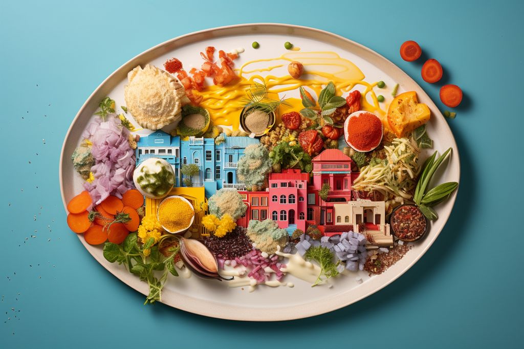 A plate filled with vibrant and colorful dishes representing Cape Town's diverse culinary scene. --ar 3:2