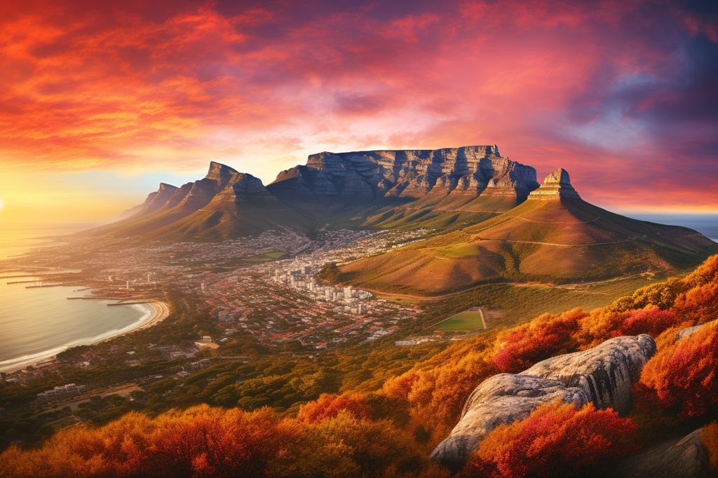A panoramic view of Table Mountain, overlooking the vibrant cityscape of Cape Town. Majestic, urban, breathtaking. --ar 3:2