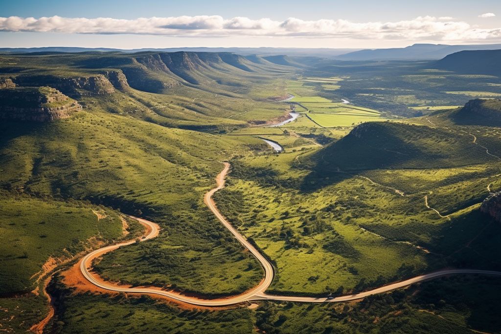 Aerial view of a scenic road winding through the beautiful landscapes of South Africa. --ar 3:2