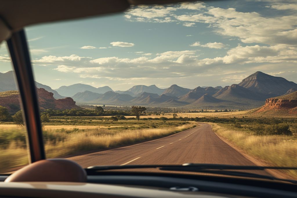 A scenic view of the South African landscape from a car window, with mountains in the distance and a winding road ahead. --ar 3:2