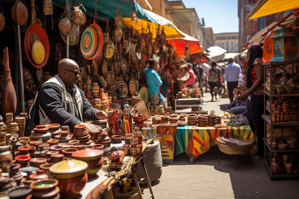 A vibrant street market in Cape Town's inner city, filled with colorful African crafts and bustling with locals and tourists. --ar 3:2