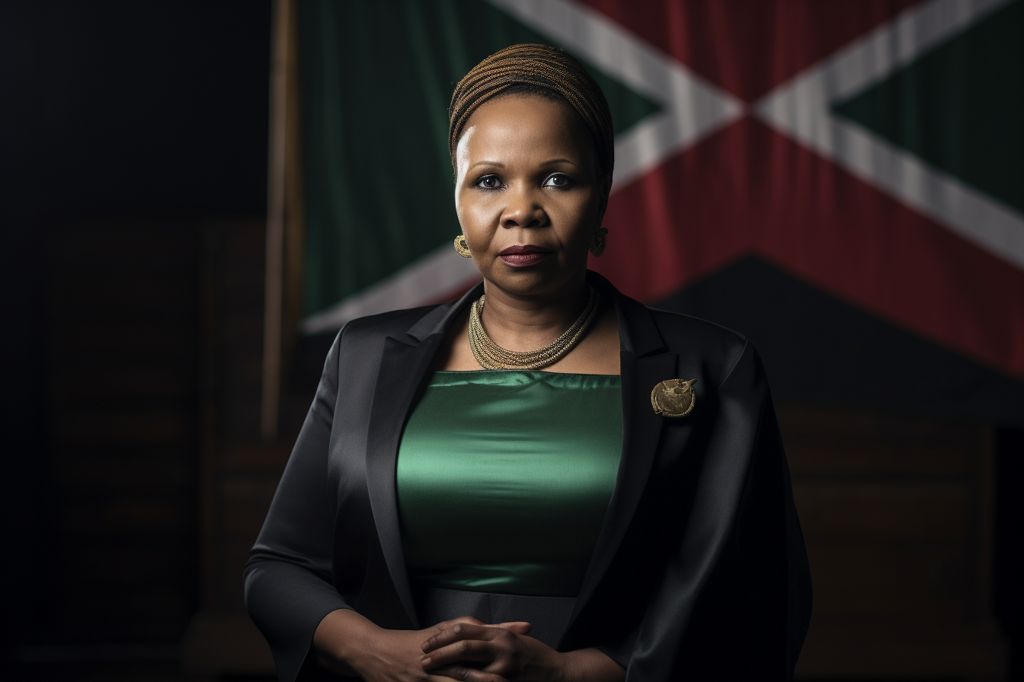 A portrait of Minister Lindiwe Zulu, confident and determined, against a backdrop of the South African flag. Professional photography, high resolution. --ar 3:2