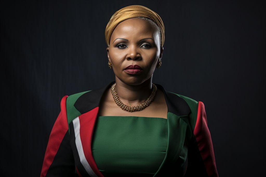 A portrait of Minister Lindiwe Zulu, confident and determined, against the backdrop of the South African flag. --ar 3:2