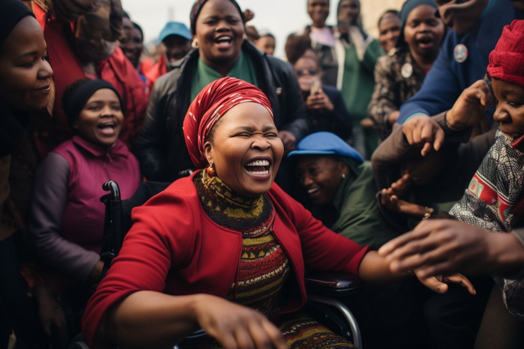 A powerful image of Minister Lindiwe Zulu standing confidently, surrounded by diverse groups of women, children, youth, and people with disabilities. Symbolic of her dedication to advocating for their rights and her impact on social development. --ar 3:2