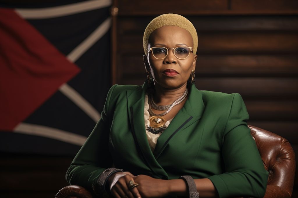 A professional portrait of Minister Lindiwe Zulu, confident and determined, against a backdrop of the South African flag. --ar 3:2