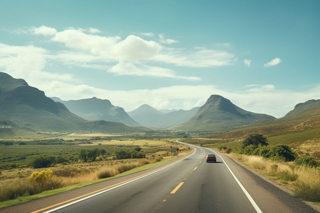 A scenic road trip from George to Cape Town, showcasing the beautiful landscapes of South Africa. --ar 3:2