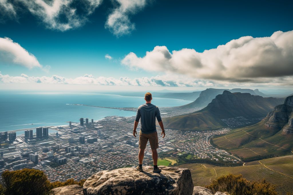 A hiker standing on top of Table Mountain, overlooking the city of Cape Town. --ar 3:2