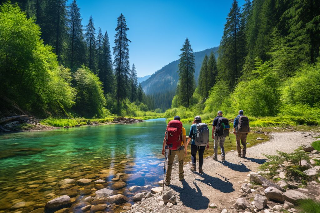 A group of tourists on a serene hike, surrounded by nature's wonders. Real photography, vibrant colors, wildlife-rich waters. --ar 3:2