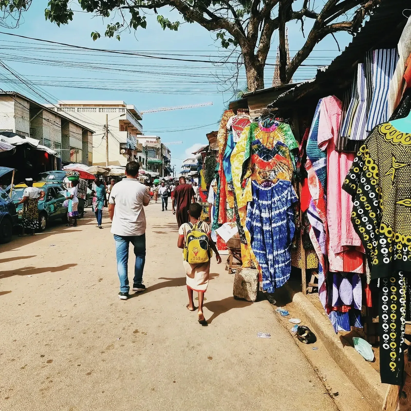 Bustling street market in Lomé, Togo with vibrant clothing and a snake resting on the ground.