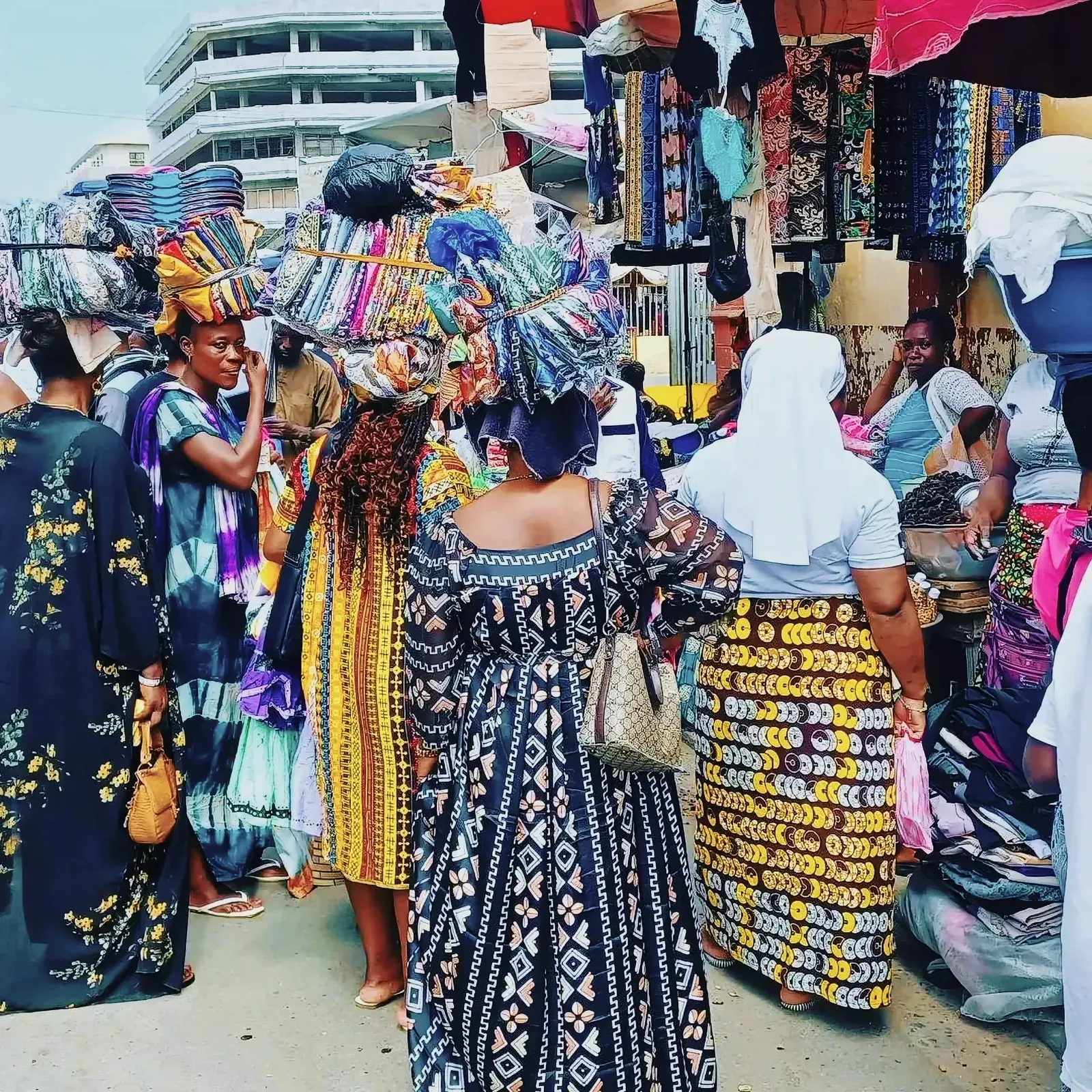 Colorful scene at a bustling flea market in Togo