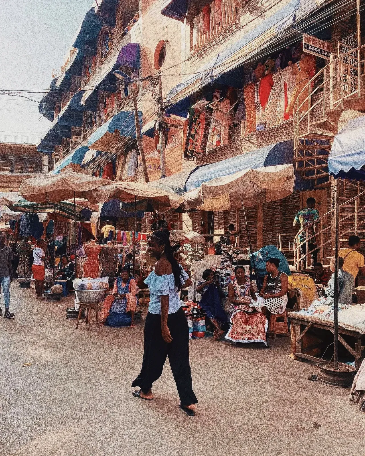 Dynamic urban scene in a bustling marketplace or bazaar