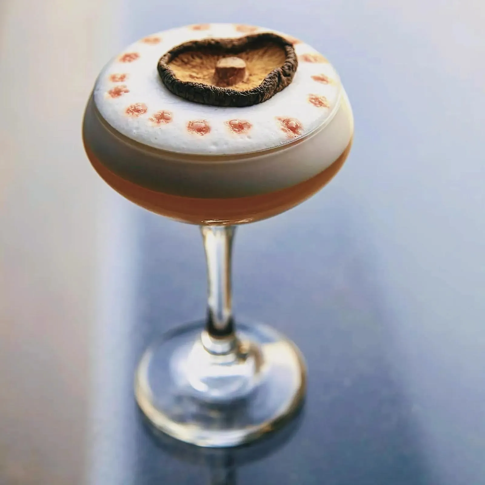 Tall glass filled with a rich brown cocktail and a cookie balanced on top.